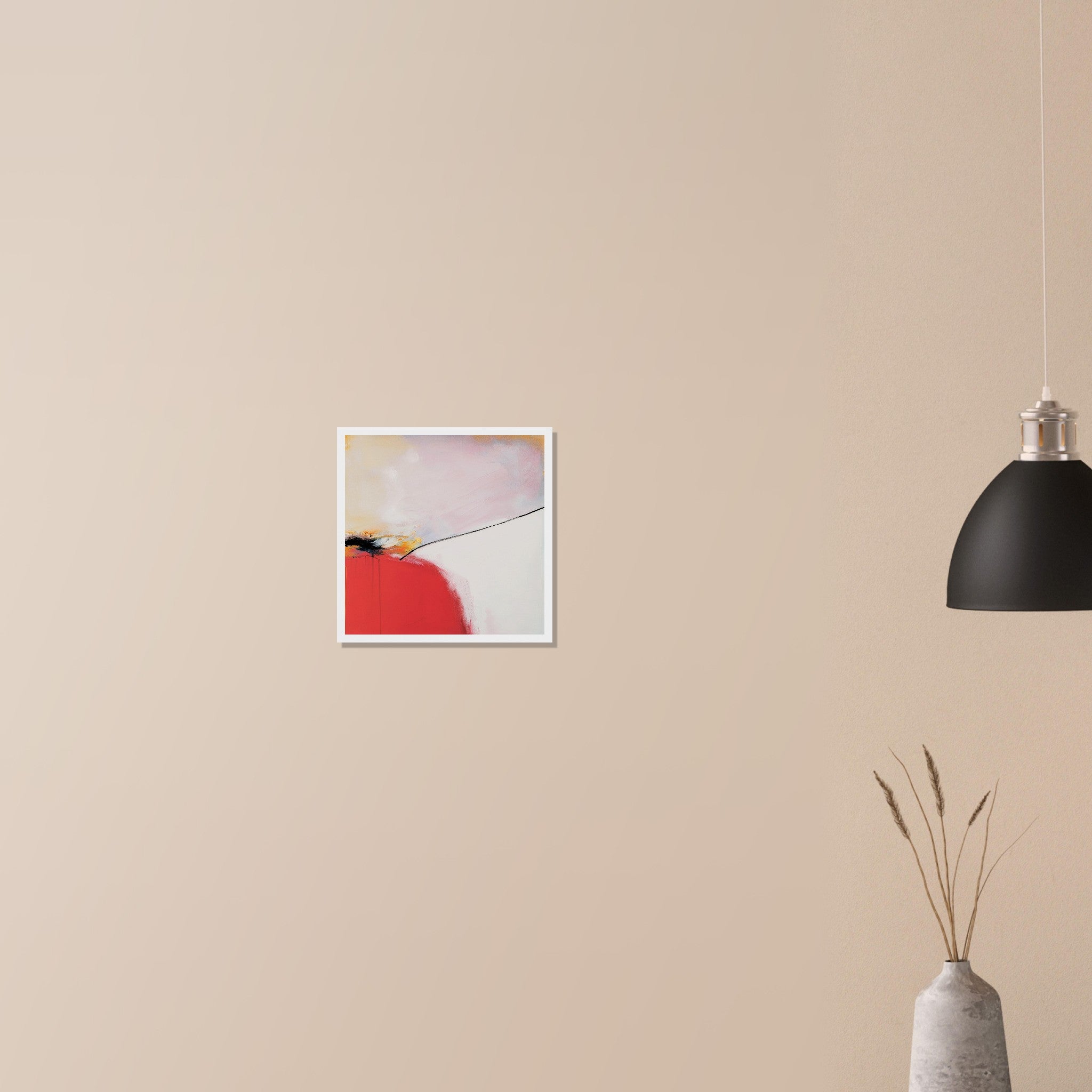 Controlled Burn graphic red abstract wall art in black frame on neutral wall in modern home, dramatic contrast and angular fire line