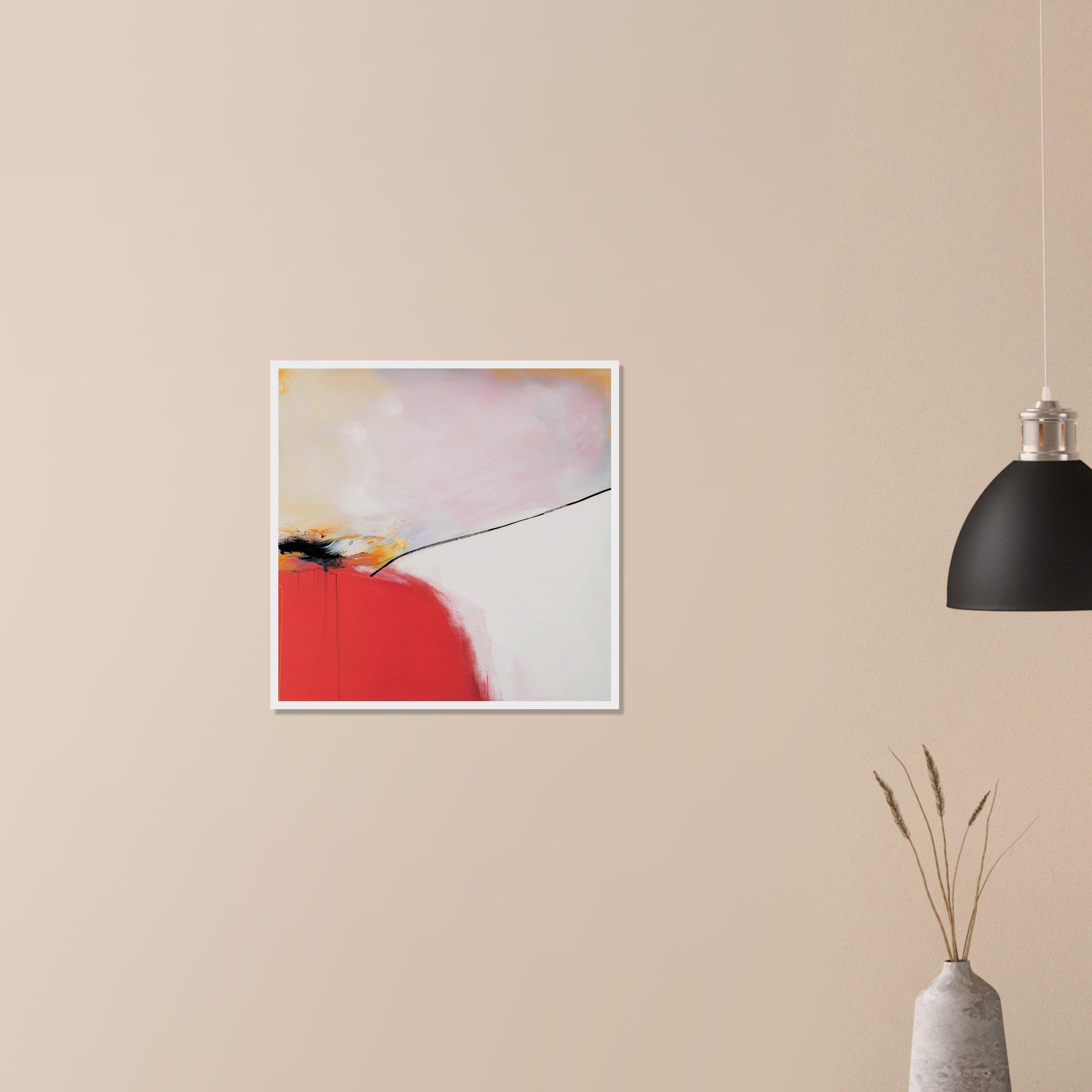 Controlled Burn contemporary red fire themed artwork in wood frame on neutral wall in modern home, high impact focal point composition