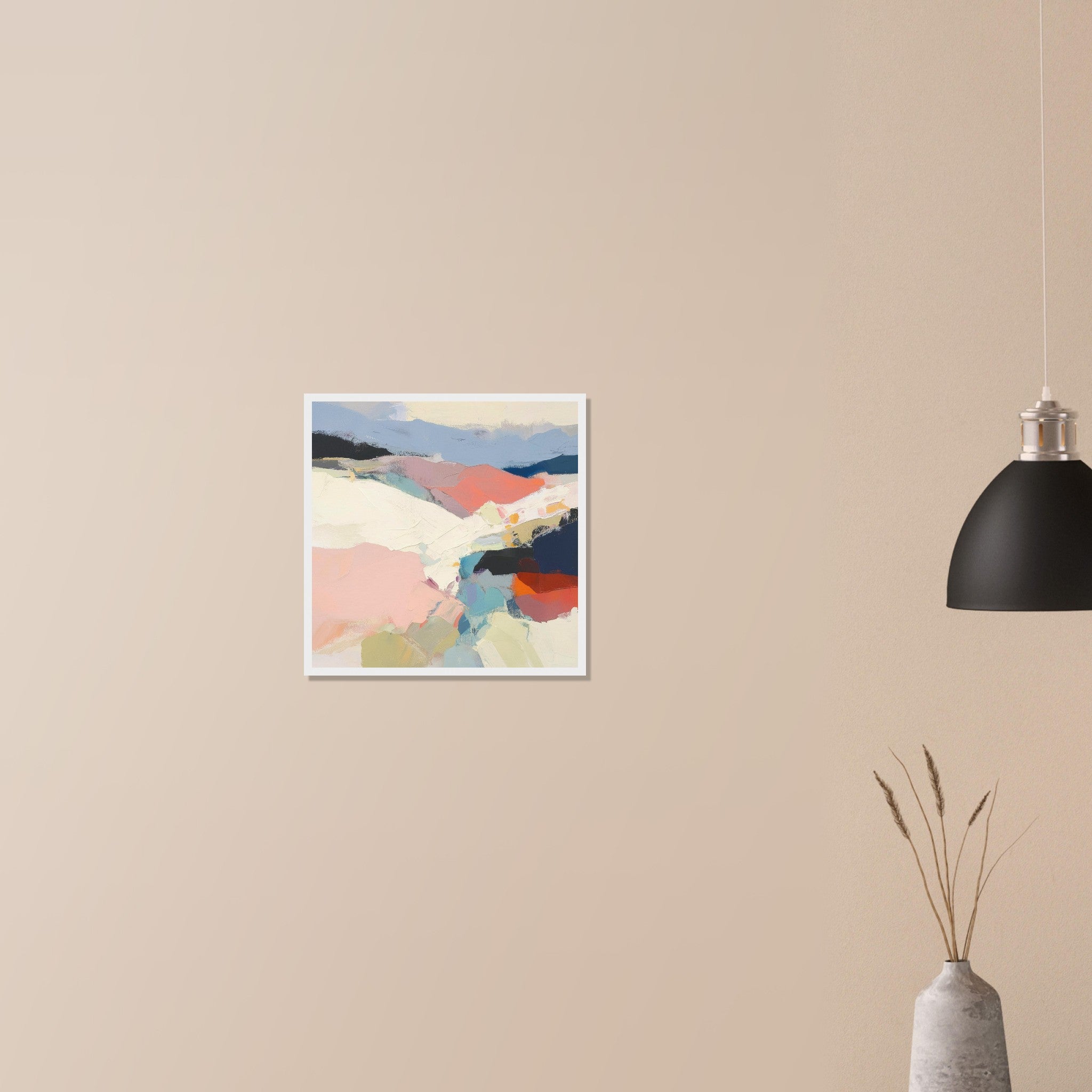 Piedmont coral and cream mountain abstract in natural wood frame on neutral wall in modern home, painterly terrain with teal accents