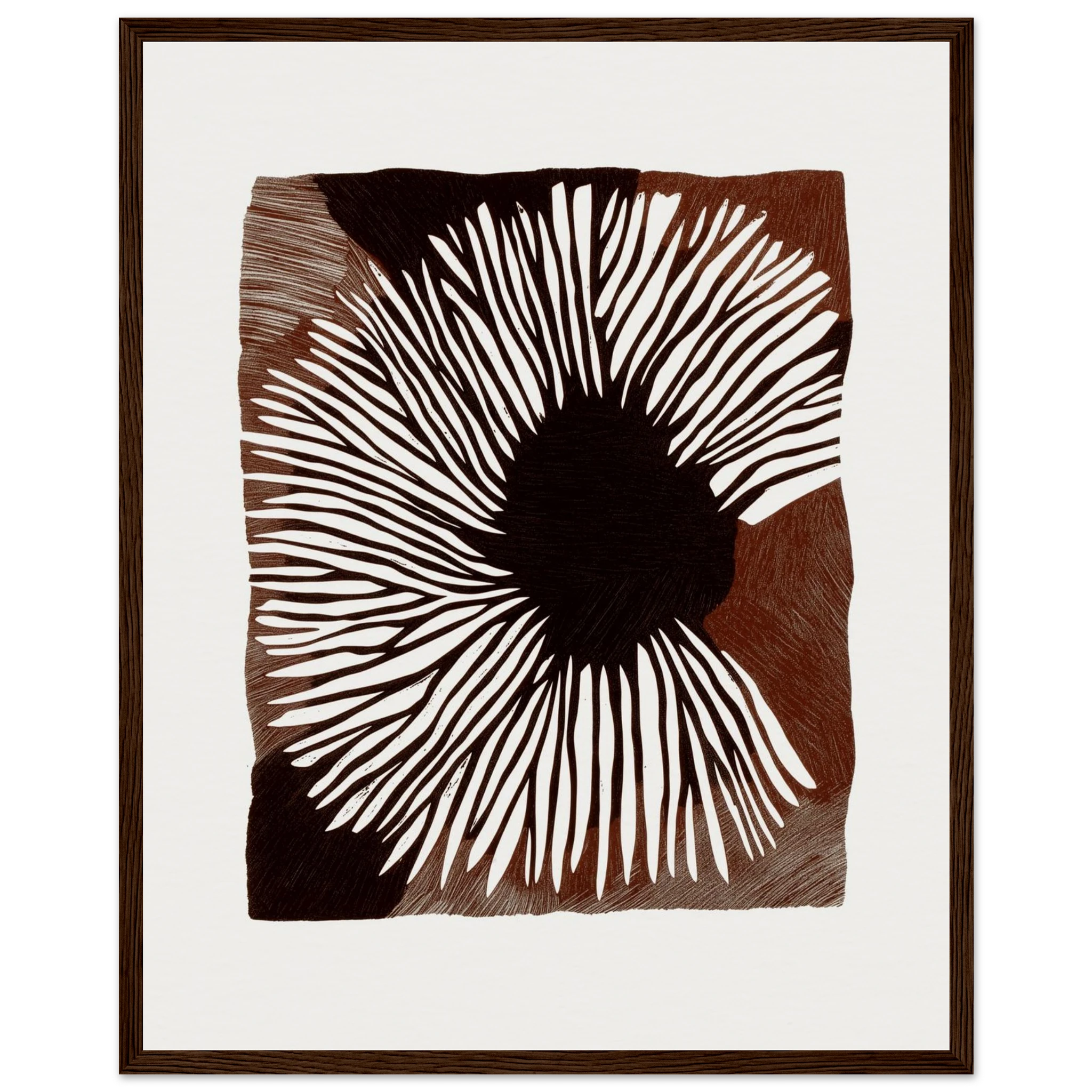 Sea Fig No. 01 bold coastal botanical print with radiating white bloom on rich brown ground, linocut style starburst flower wall art