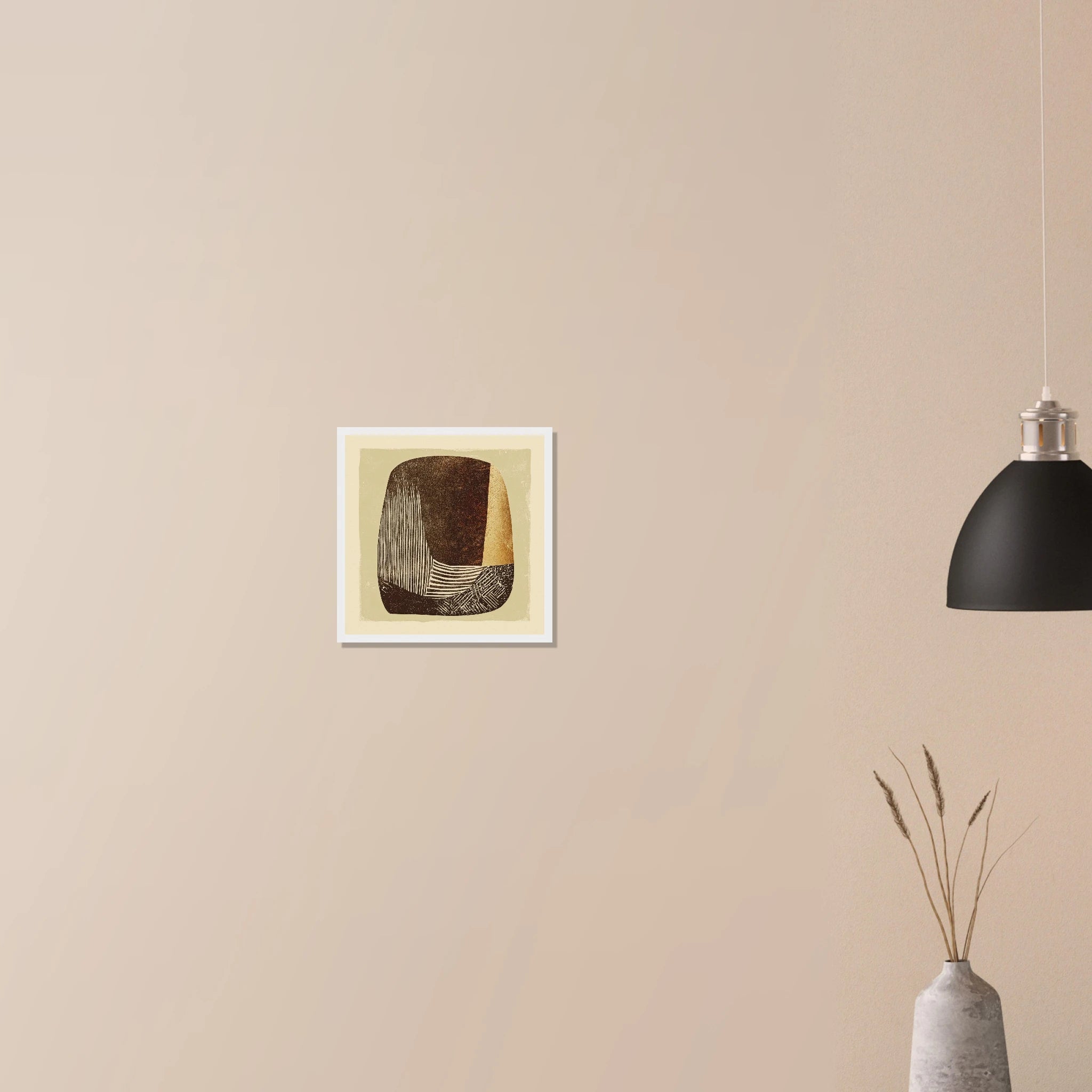 Carved Vessel minimalist wall art in dark wood frame on neutral wall, terracotta vessel with subtle line work