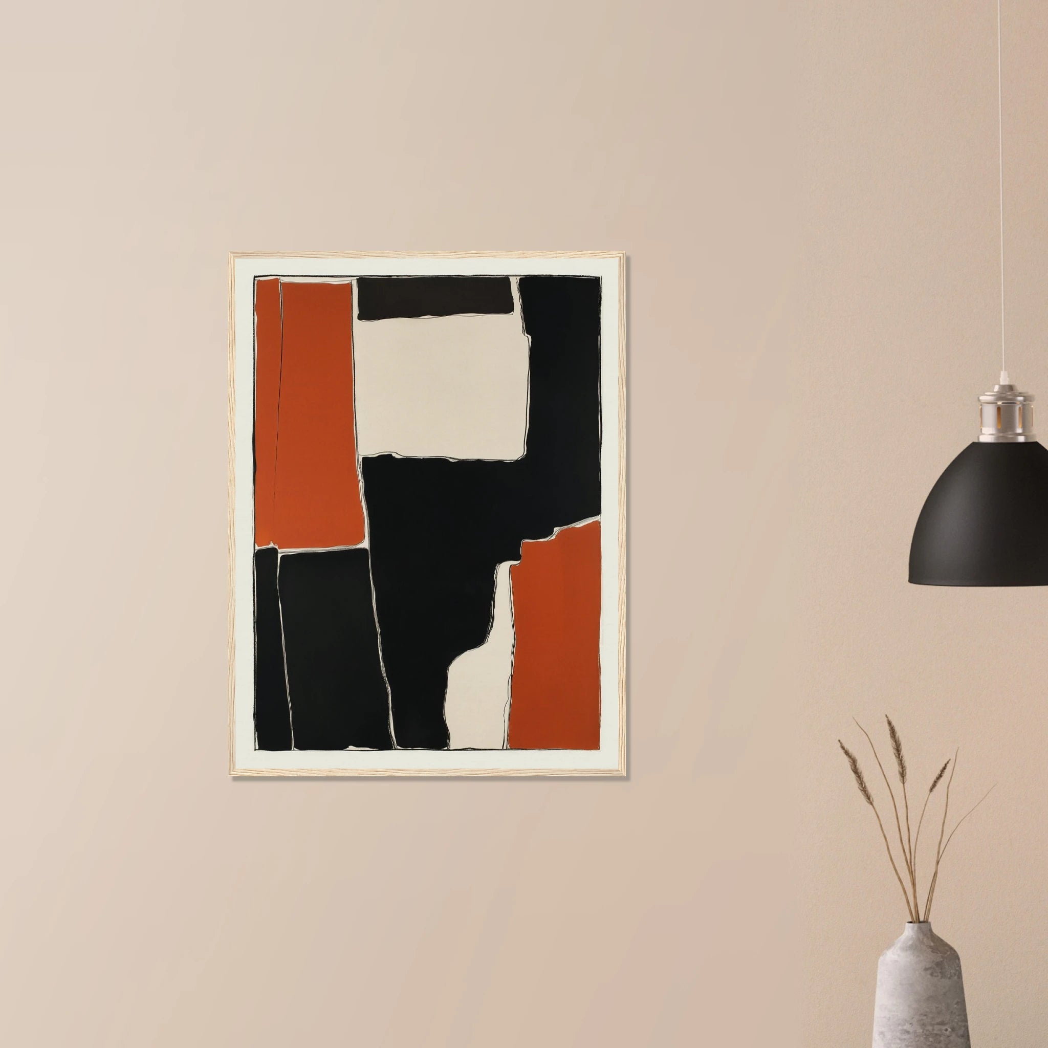 Interlocking Rust I industrial wall art in dark wood frame on neutral wall, interlocking oxidized forms
