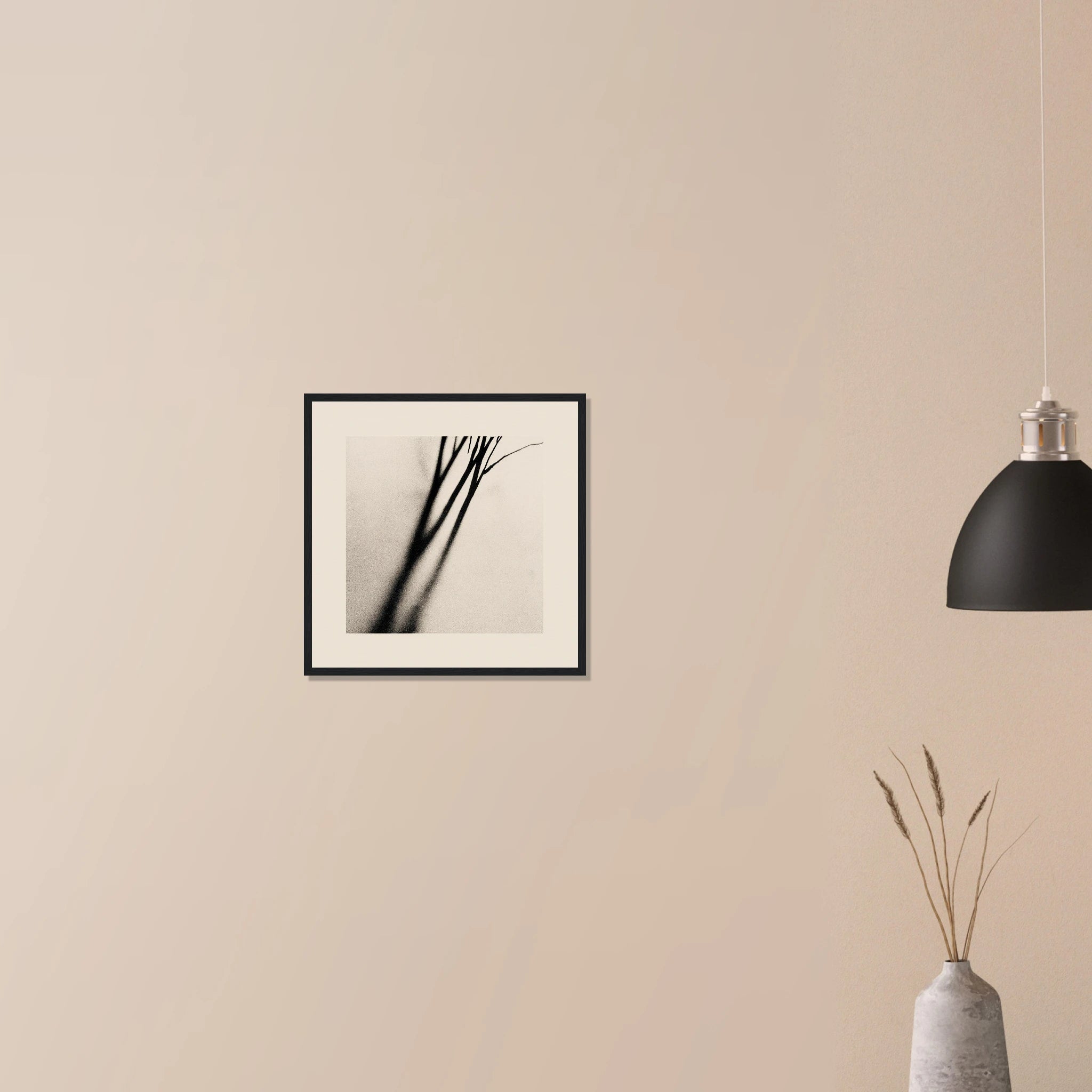 Botanical Shadow Study botanical art in white frame on neutral wall, soft beige plant shadow composition for bedroom decor