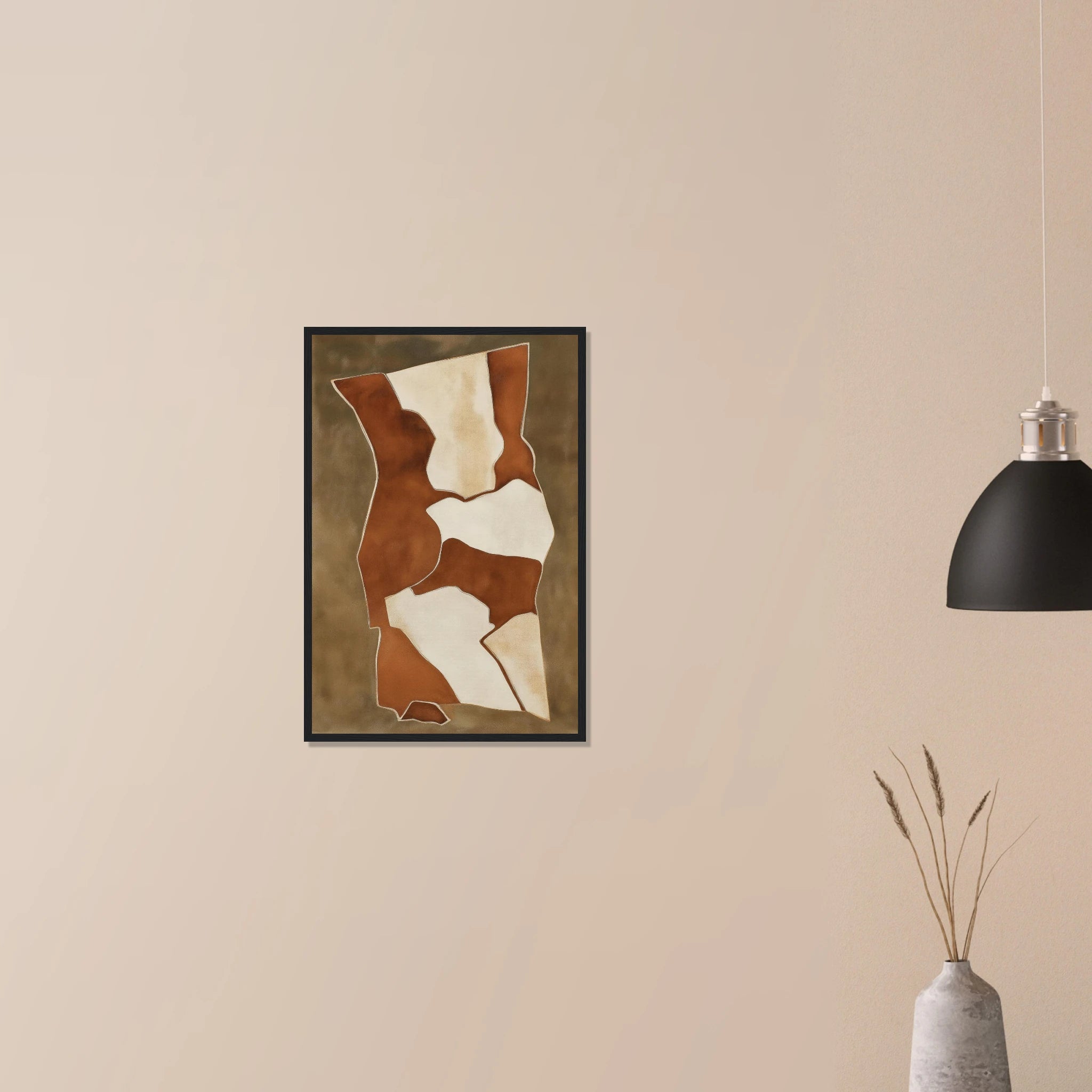 Earth Vessels minimalist print in dark wood frame on neutral wall, layered pottery silhouettes in earthy tones
