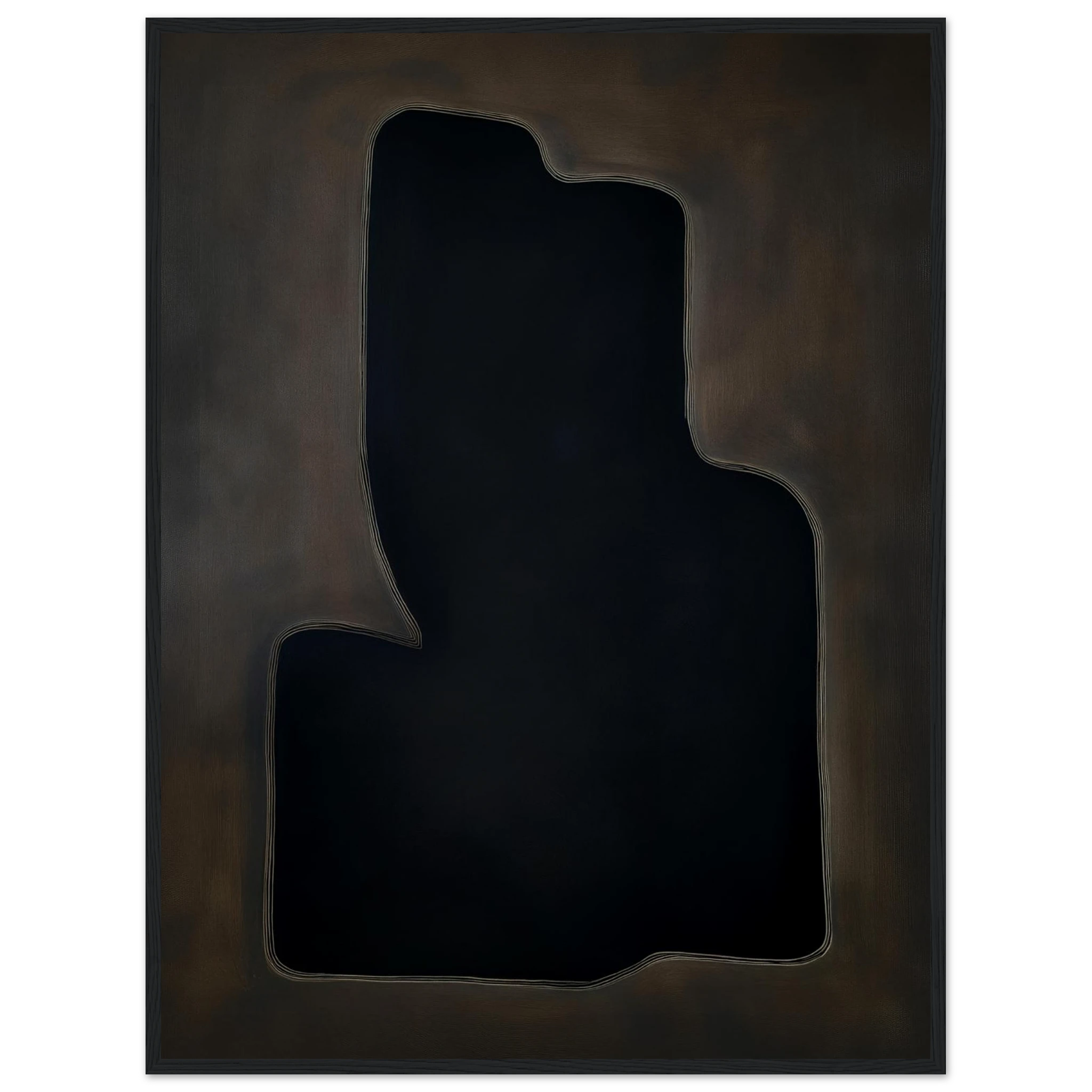 Dark Vessel abstract wall art in deep charcoal and warm rust, minimalist pottery silhouette with bold negative space