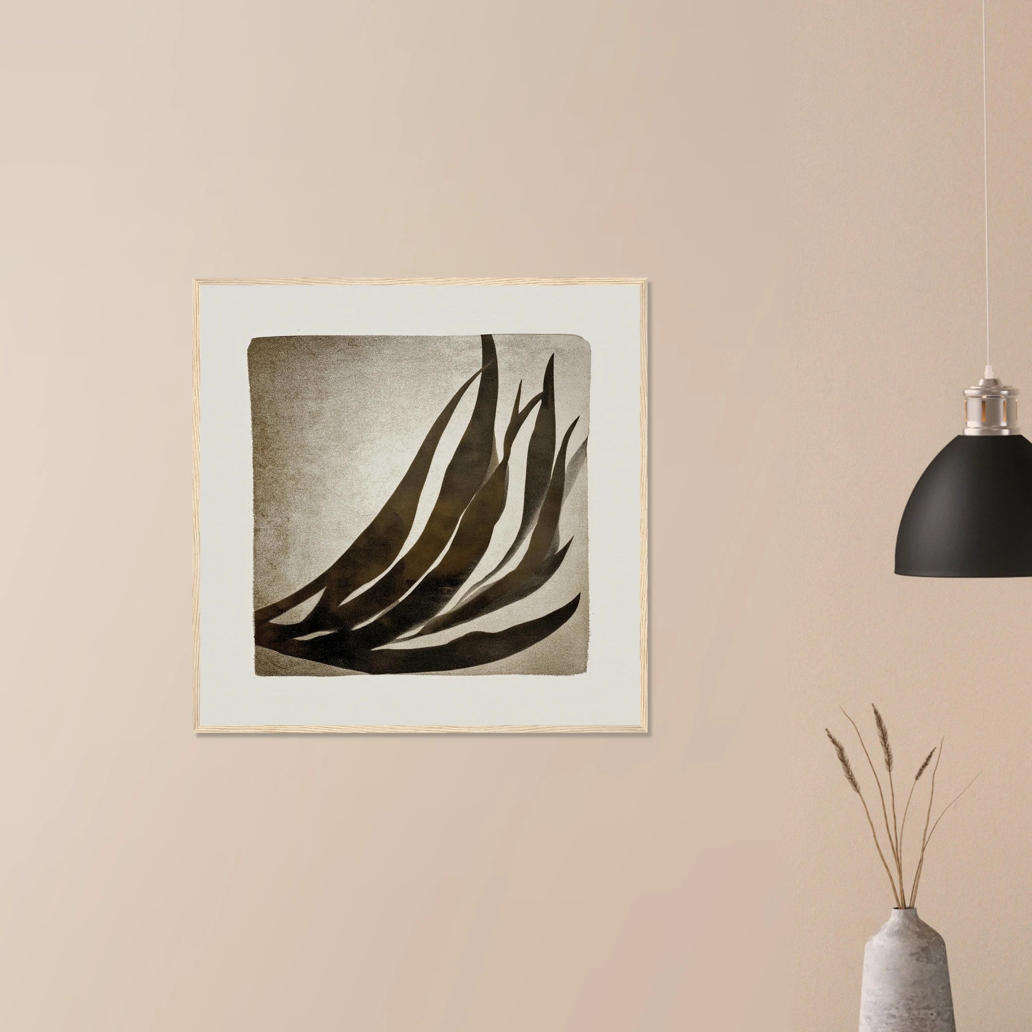 Palm Frond Shadow Study minimalist artwork in black frame on neutral wall, bold palm frond shadow in soft beige