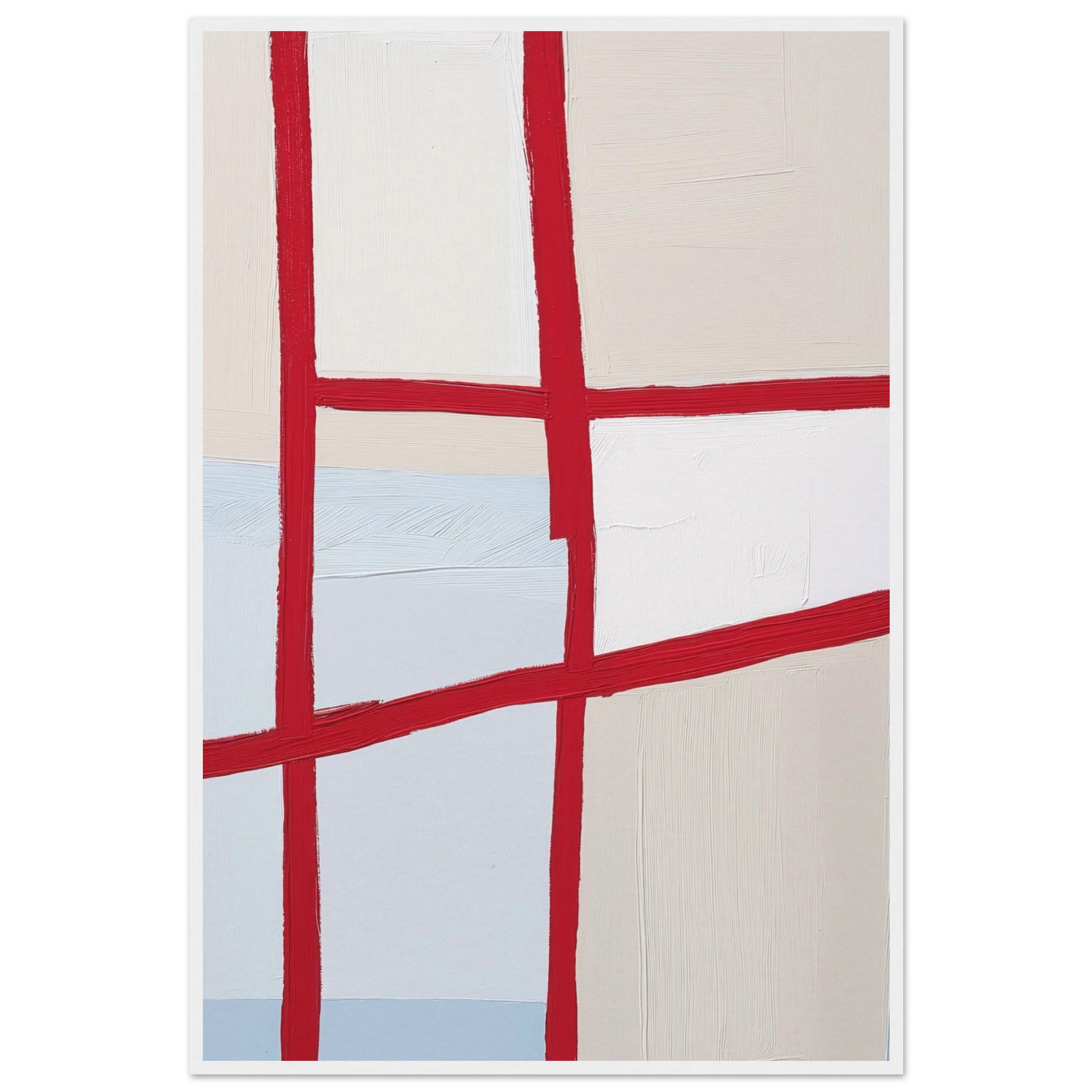 Orchard Plat bold red grid abstract over taupe and pale blue fields, geometric subdivision lines across soft painterly ground