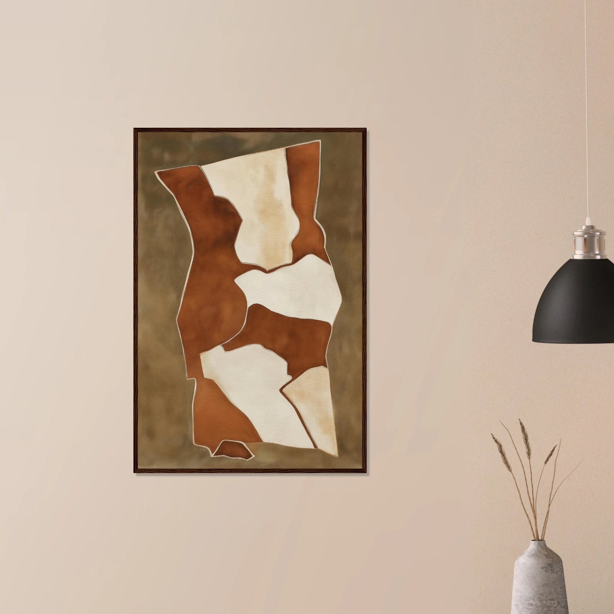 Earth Vessels abstract wall decor in dark wood frame on neutral wall, earthy rust and cream pottery shapes
