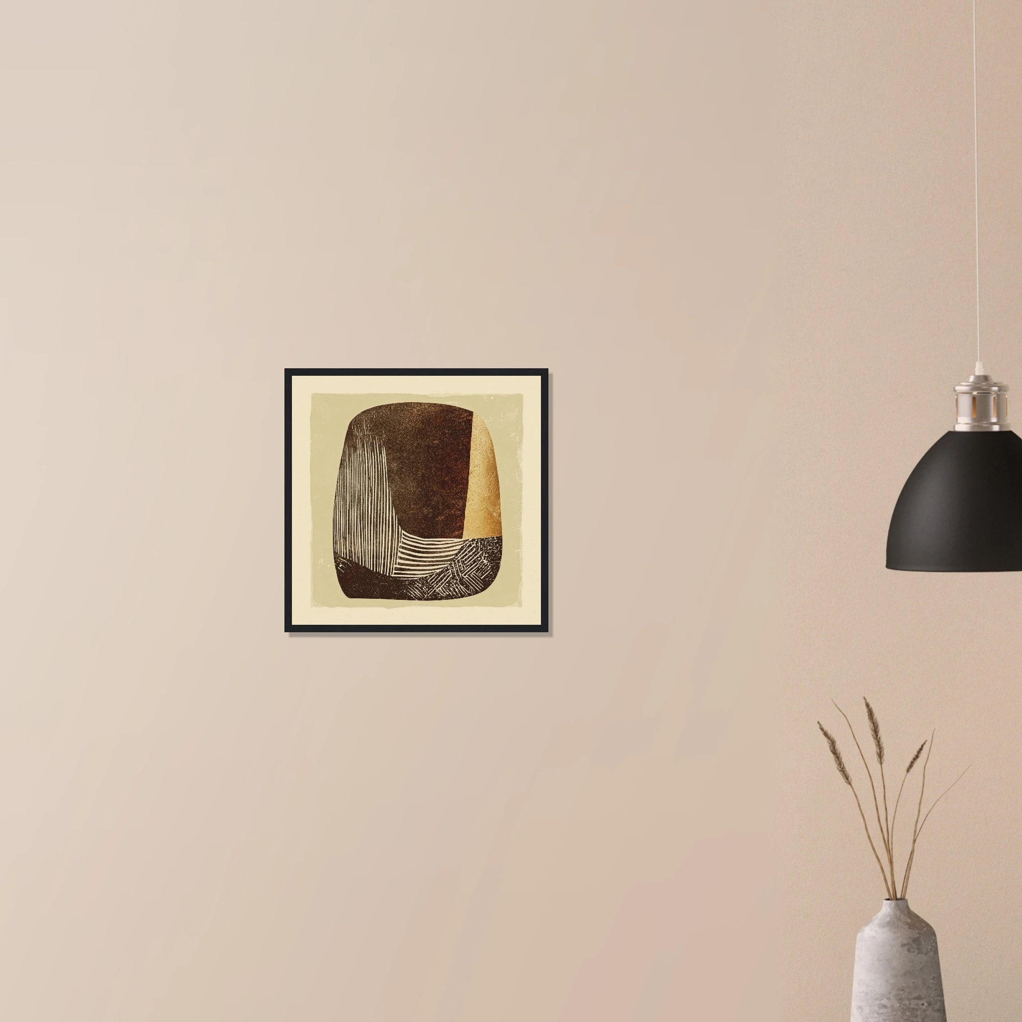 Carved Vessel modern minimalist print in natural wood frame on neutral wall, clay inspired color blocks with etched detail