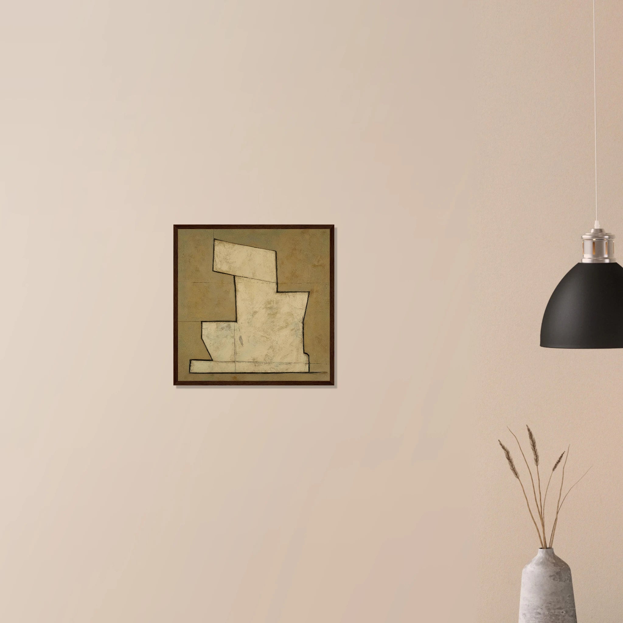 Stepped Form abstract minimalist art in black frame on neutral wall, stepped block design in warm beige