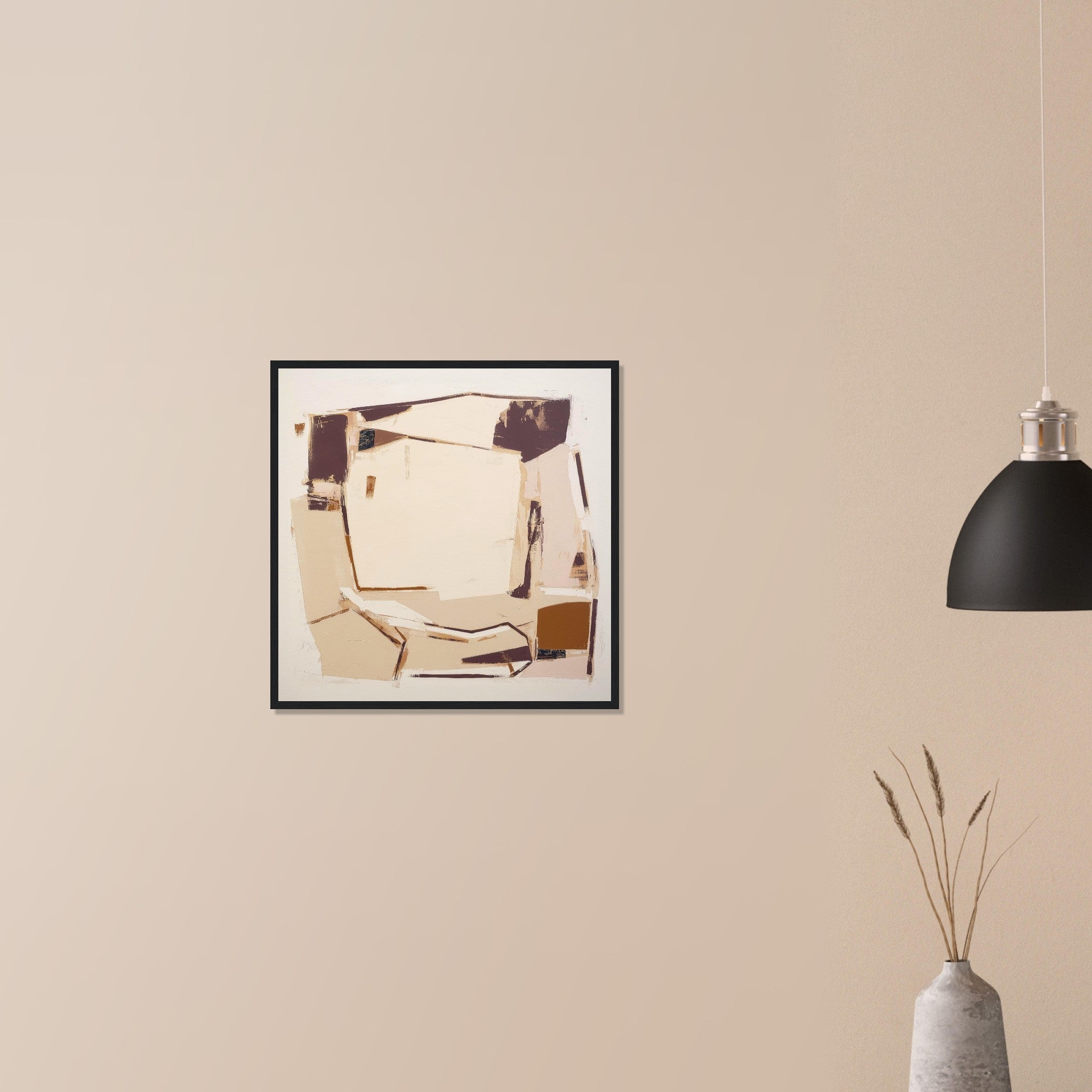 Packing House refined industrial abstract in dark wood frame on neutral wall in modern home, structured composition with weathered detail