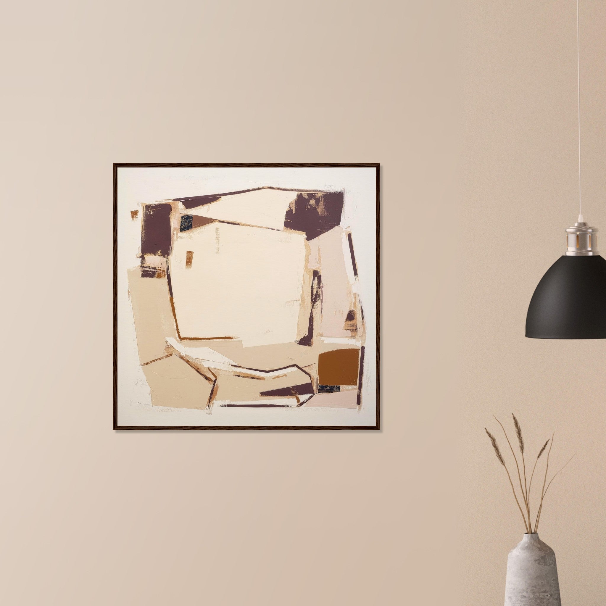 Packing House contemporary abstract art in white frame on neutral wall in modern home, structured industrial forms with earthy tones