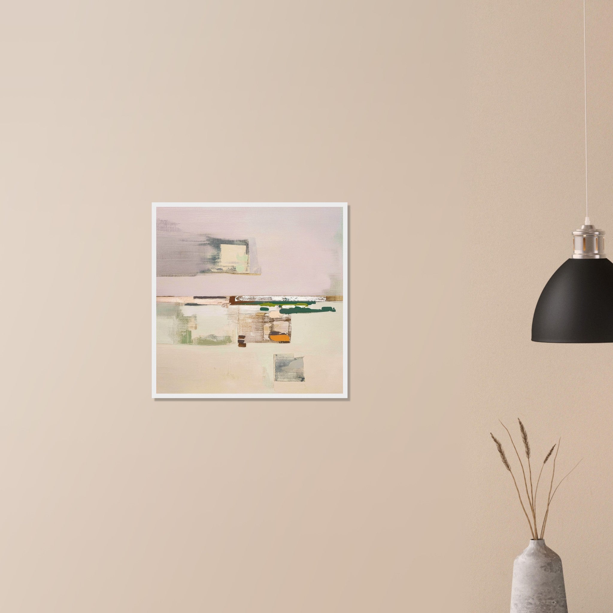 Oakville Floor sophisticated neutral wall art in dark wood frame on neutral wall in modern home, soft layered fields with earthy depth