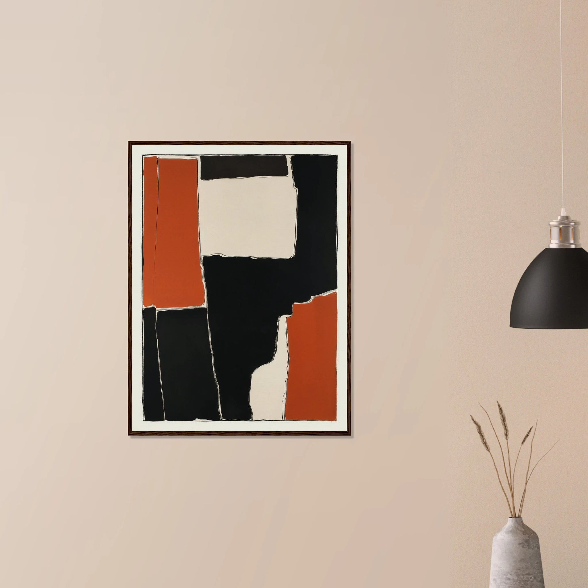 Interlocking Rust I contemporary abstract artwork in black frame on neutral wall, bold burnt orange structure