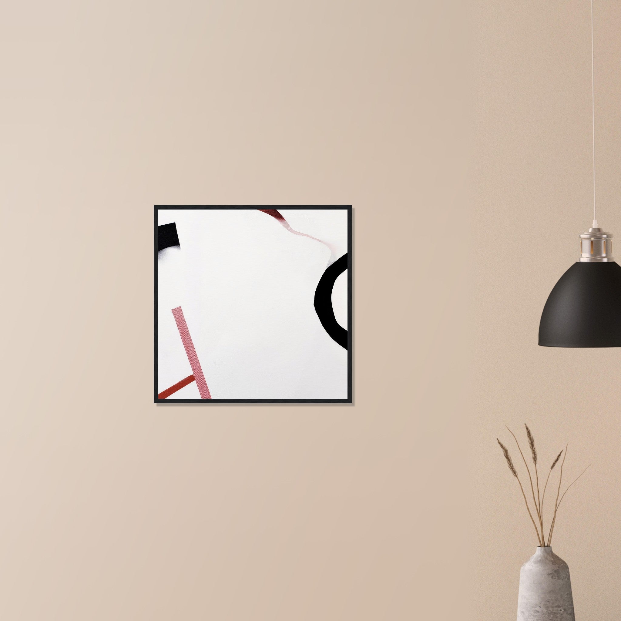 Survey Flags contemporary minimalist wall art in black frame on neutral wall in modern home, graphic red ribbon and black geometric accents