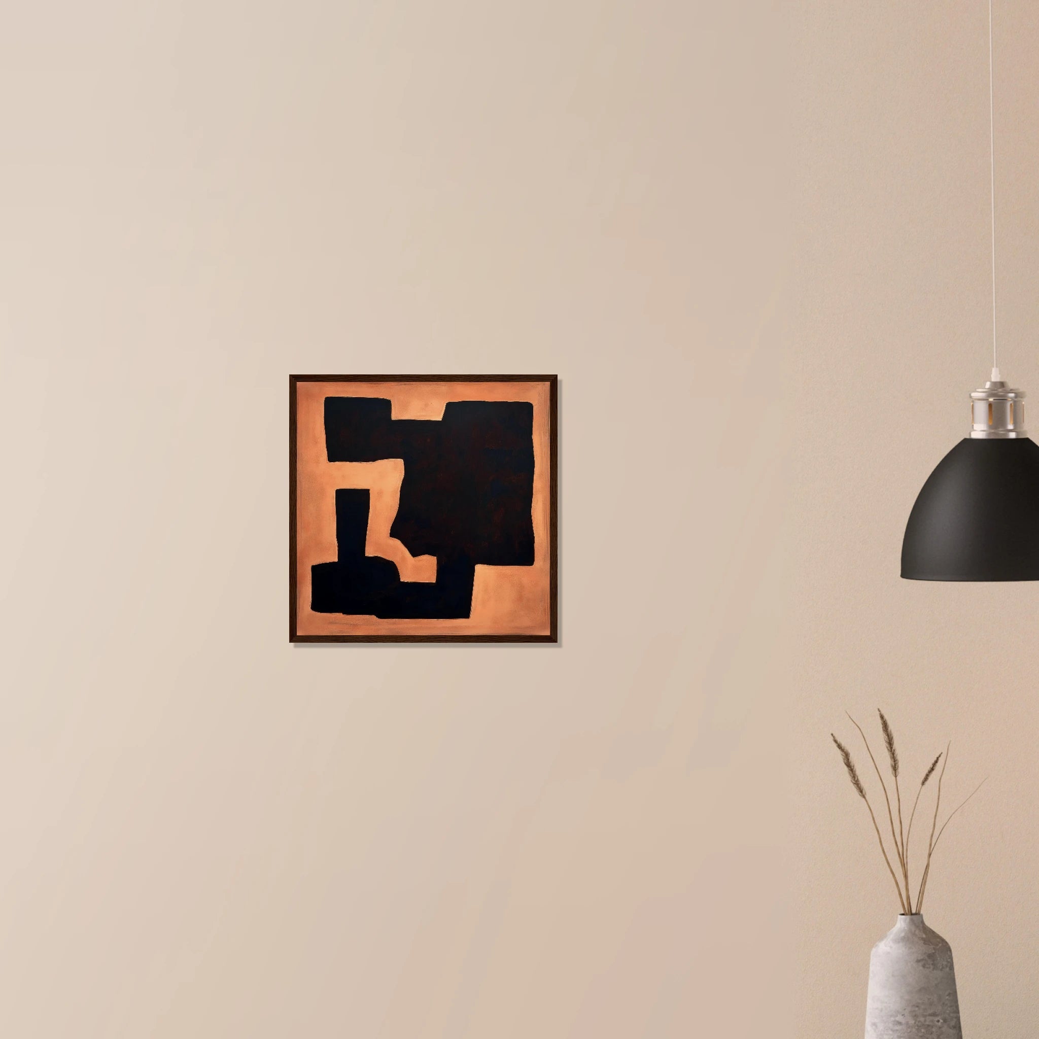 Terracotta Fragment neutral abstract art in white frame on neutral wall, angular ceramic fragment in warm orange