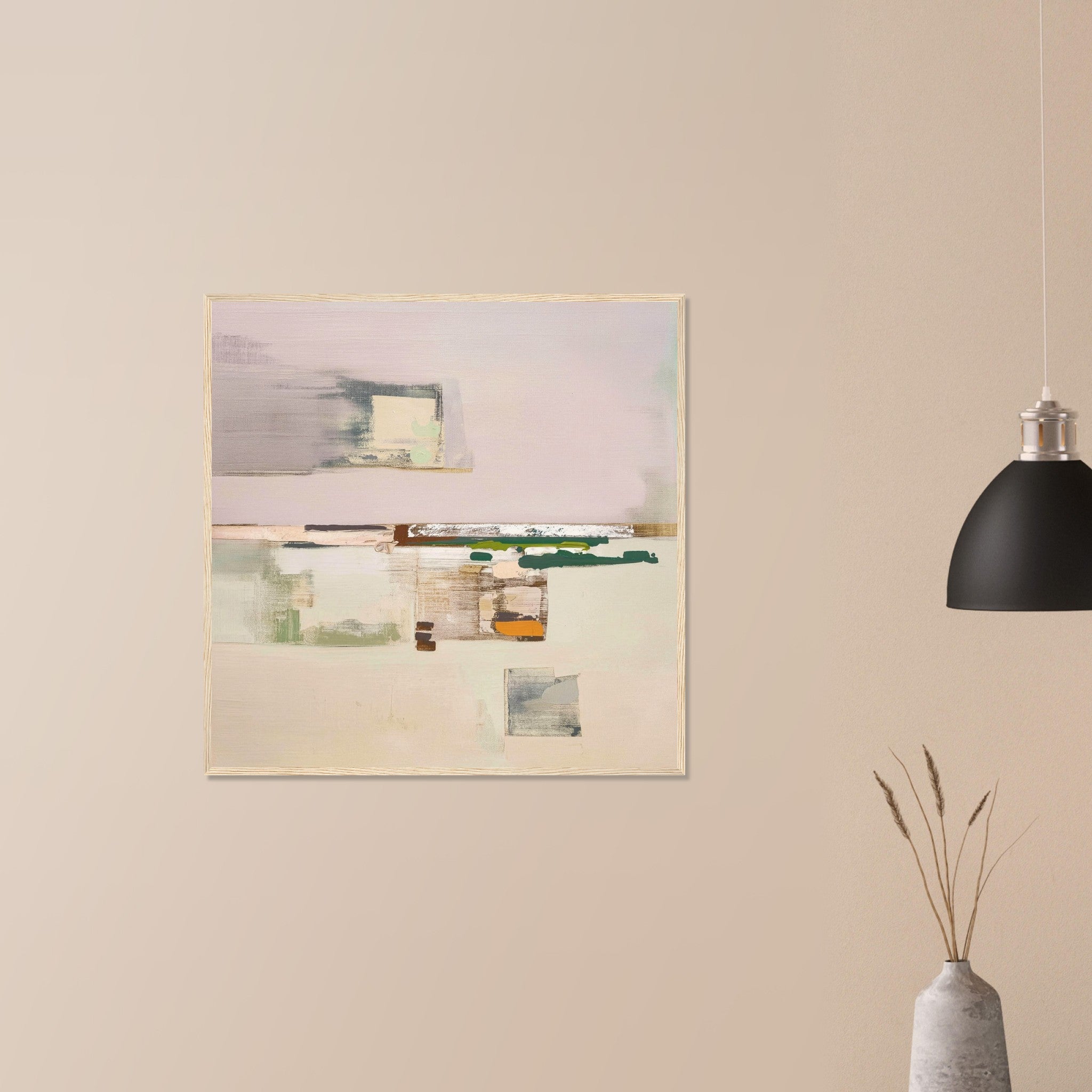 Oakville Floor muted valley abstract art in white frame on neutral wall in modern home, soft horizontal bands in sage and cream
