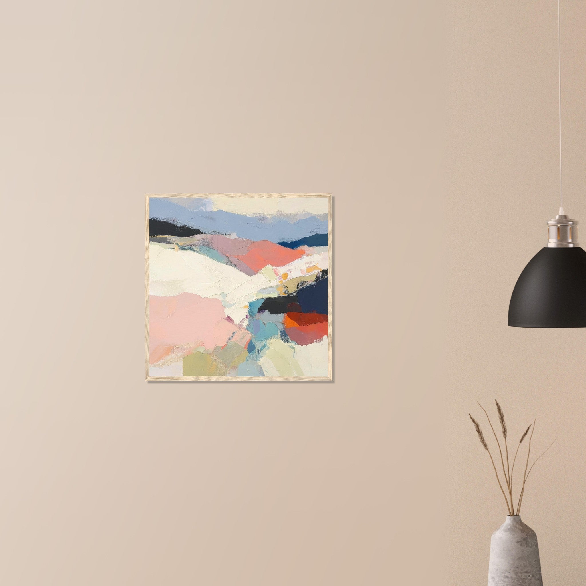 Piedmont atmospheric valley print in black frame on neutral wall in modern home, sweeping white plane and layered coral forms