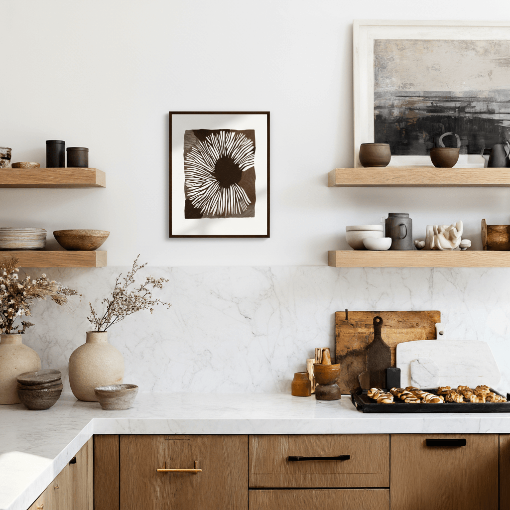 Modern open shelving styled with a framed Flora Archive botanical print and rustic earth-toned ceramics.