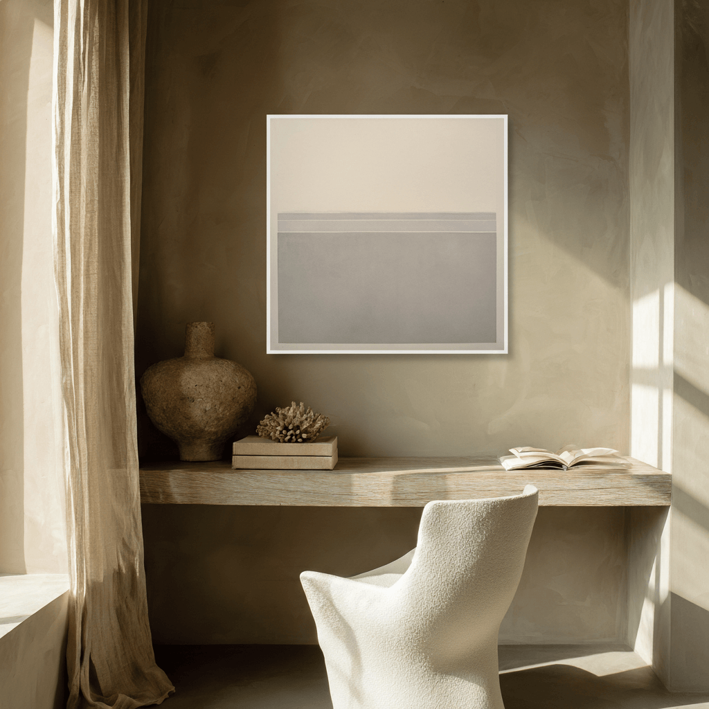 Modern studio edition print positioned over a stone desk, providing visual breathing room and a grounded presence for design-conscious interiors.