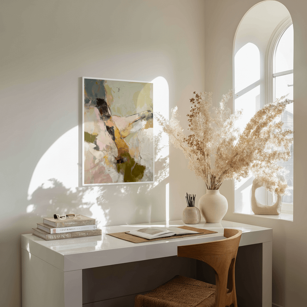Valley Light No. 08 abstract print styled in elegant home office with arched windows and neutral warm organic furnishings